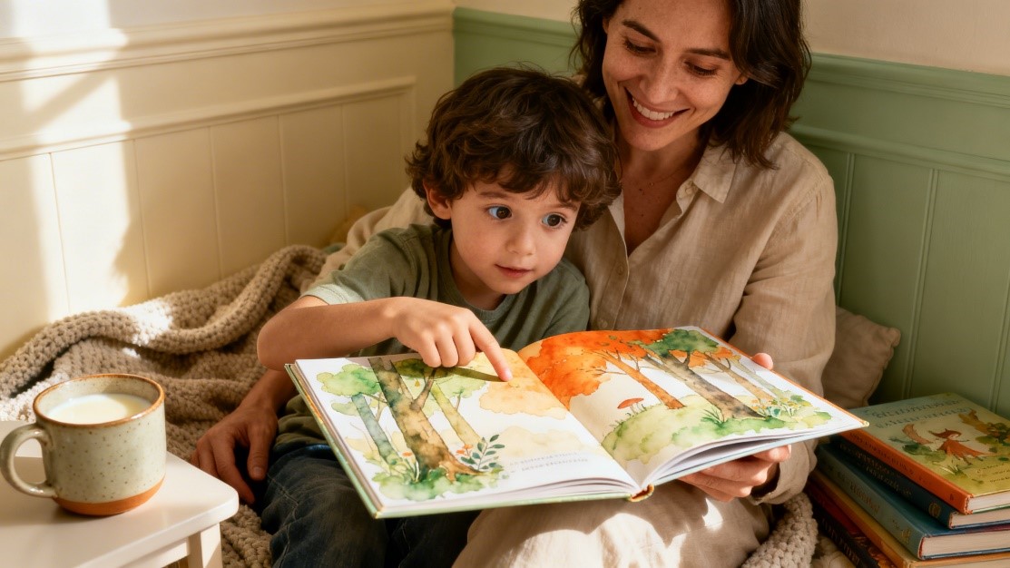 Crianças pequenas lendo livros ilustrados com a ajuda de um adulto, representando incentivo à leitura desde a infância.